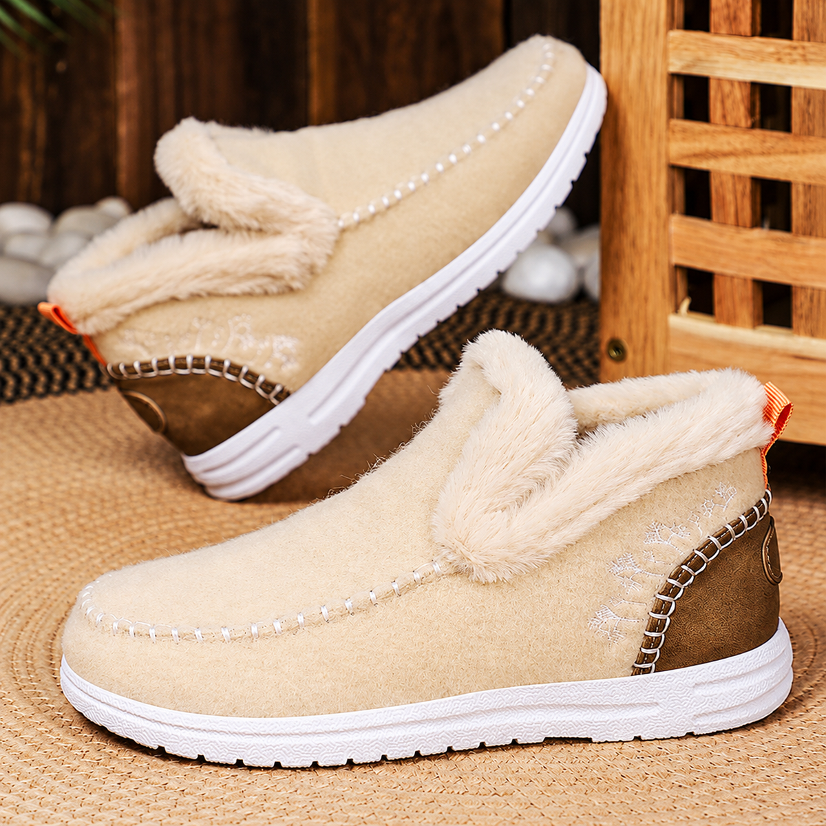 Beige women's Wrenvale faux fur-lined winter slip-on moccasins with round toes from Bootara, featuring cozy interior and casual style.