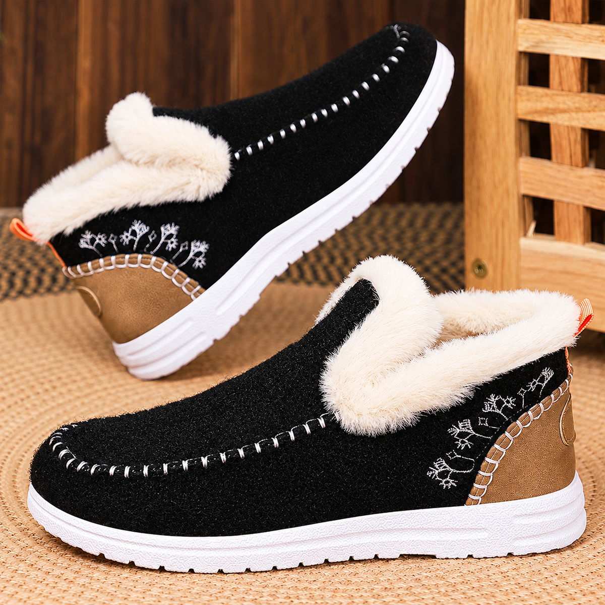 Black Women's Wrenvale Faux Fur Lined Winter Moccasins by Bootara featuring round-toe slip-on design and cozy fur lining.