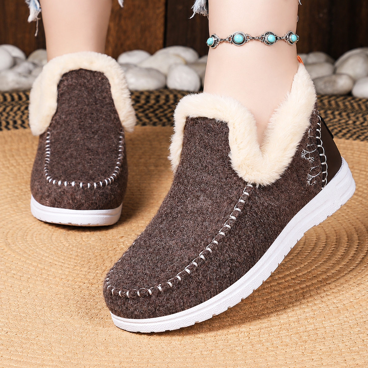 Women's brown Wrenvale faux fur-lined winter slip-on moccasins by Bootara, showing round toe and cozy interior detail.