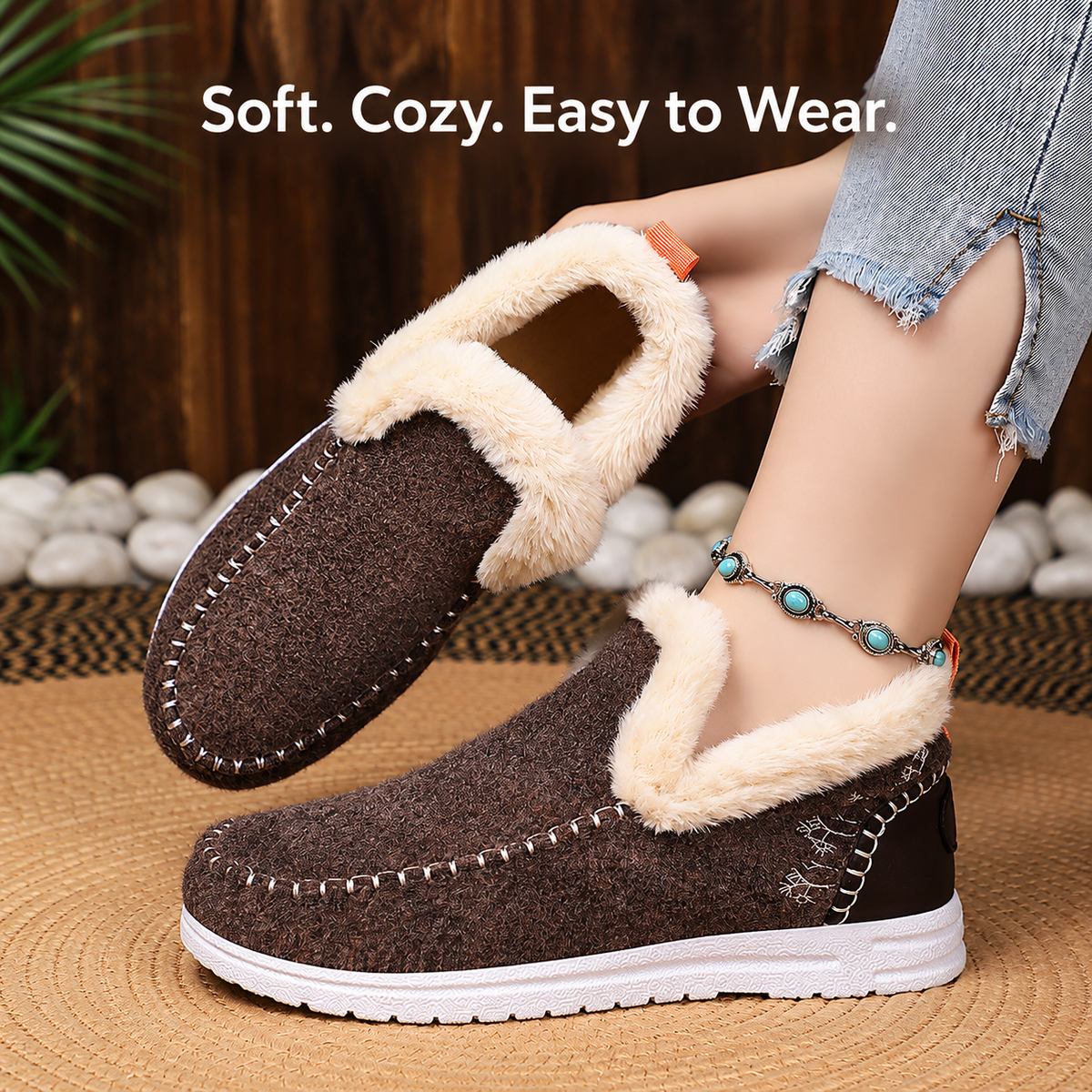 Women's brown Wrenvale faux fur lined winter slip-on moccasins by Bootara, round-toe design, comfortable footwear for cold weather