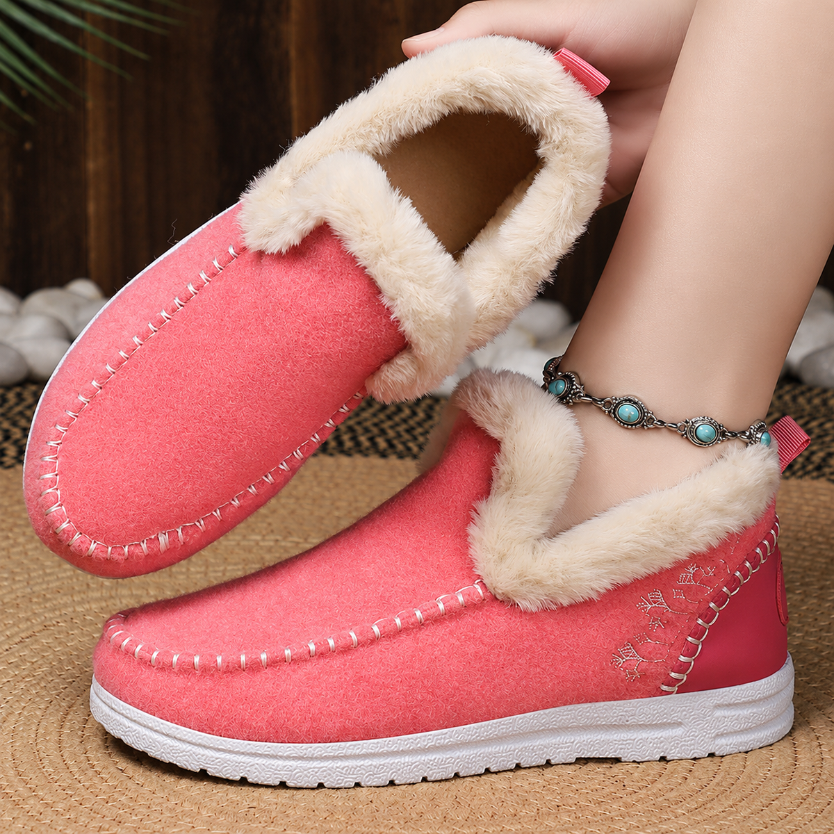 Women's Wrenvale faux fur-lined winter slip-on moccasins by Bootara in rose red with round toe, detailed close-up image.