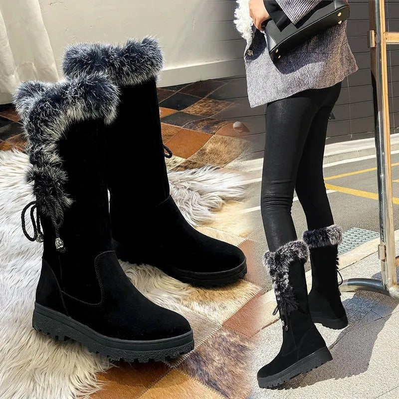 Black women's Elowick winter boots by Bootara with fur cuff, side zipper, and wedge lug sole, available in US sizes 4 to 9.