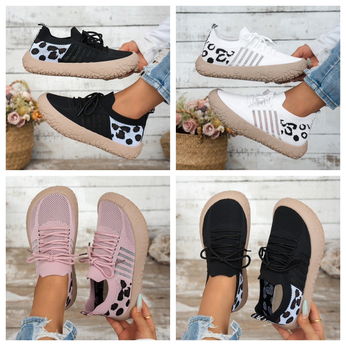 Women's Cerynna Knit Sneakers by Bootara with leopard detail, slip-on style, chunky sole, available in multiple colors, US 5-10.5