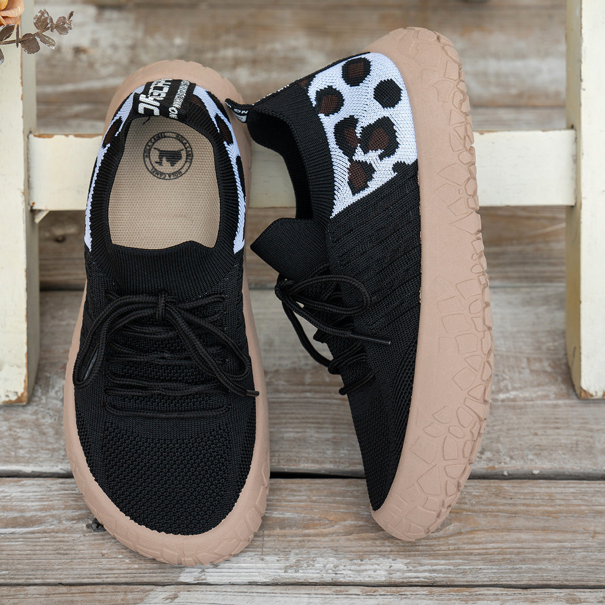 Women's Bootara Cerynna Knit sneakers with leopard detail, slip-on design and chunky sole, available in US sizes 5 to 10.5.