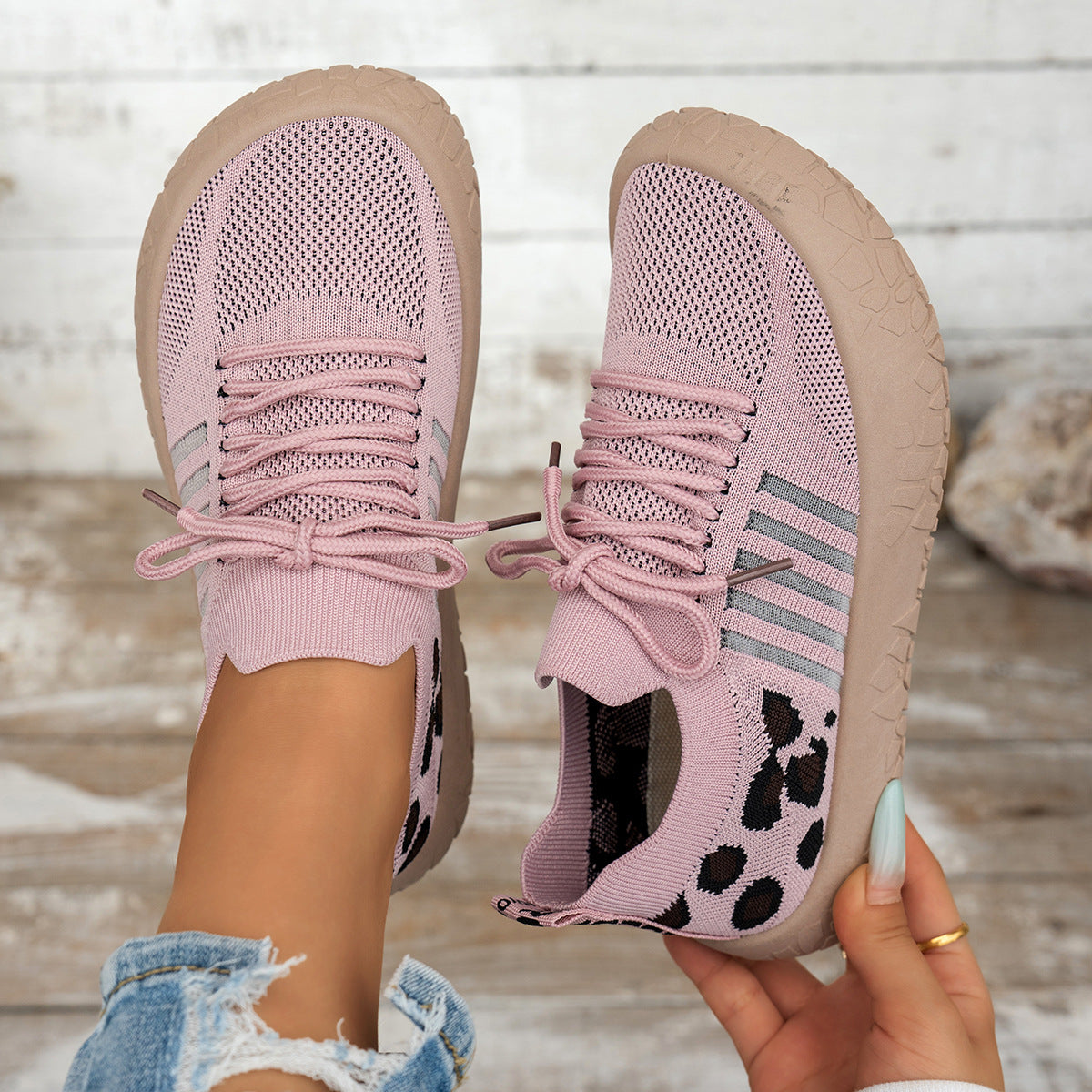 Women's Cerynna Knit Sneakers by Bootara featuring leopard print slip-on shoes with chunky soles in pink, available in US sizes 5-10.5.