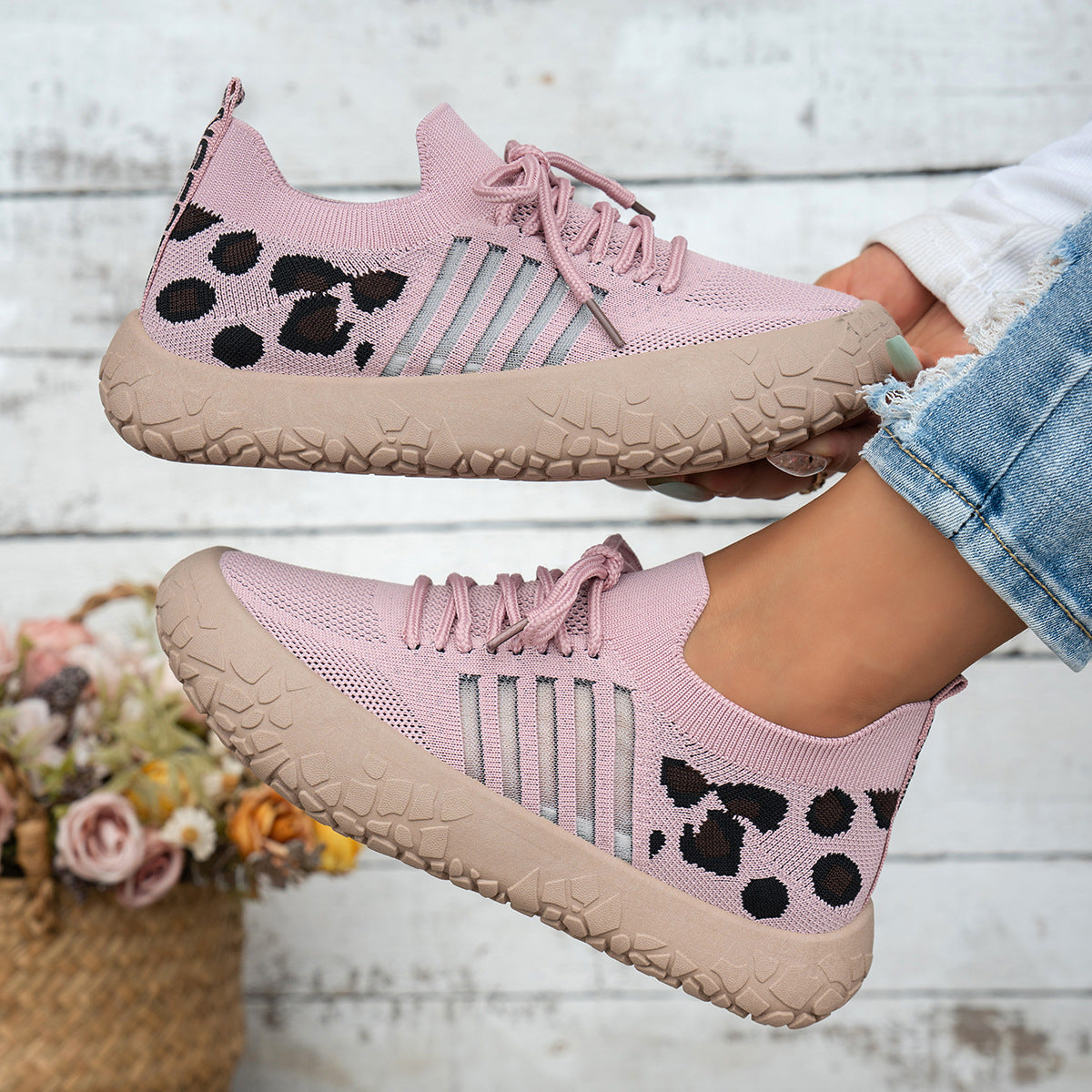 Women's Cerynna Knit Sneakers by Bootara with leopard print detail, slip-on design, chunky sole, available in US sizes 5-10.5.