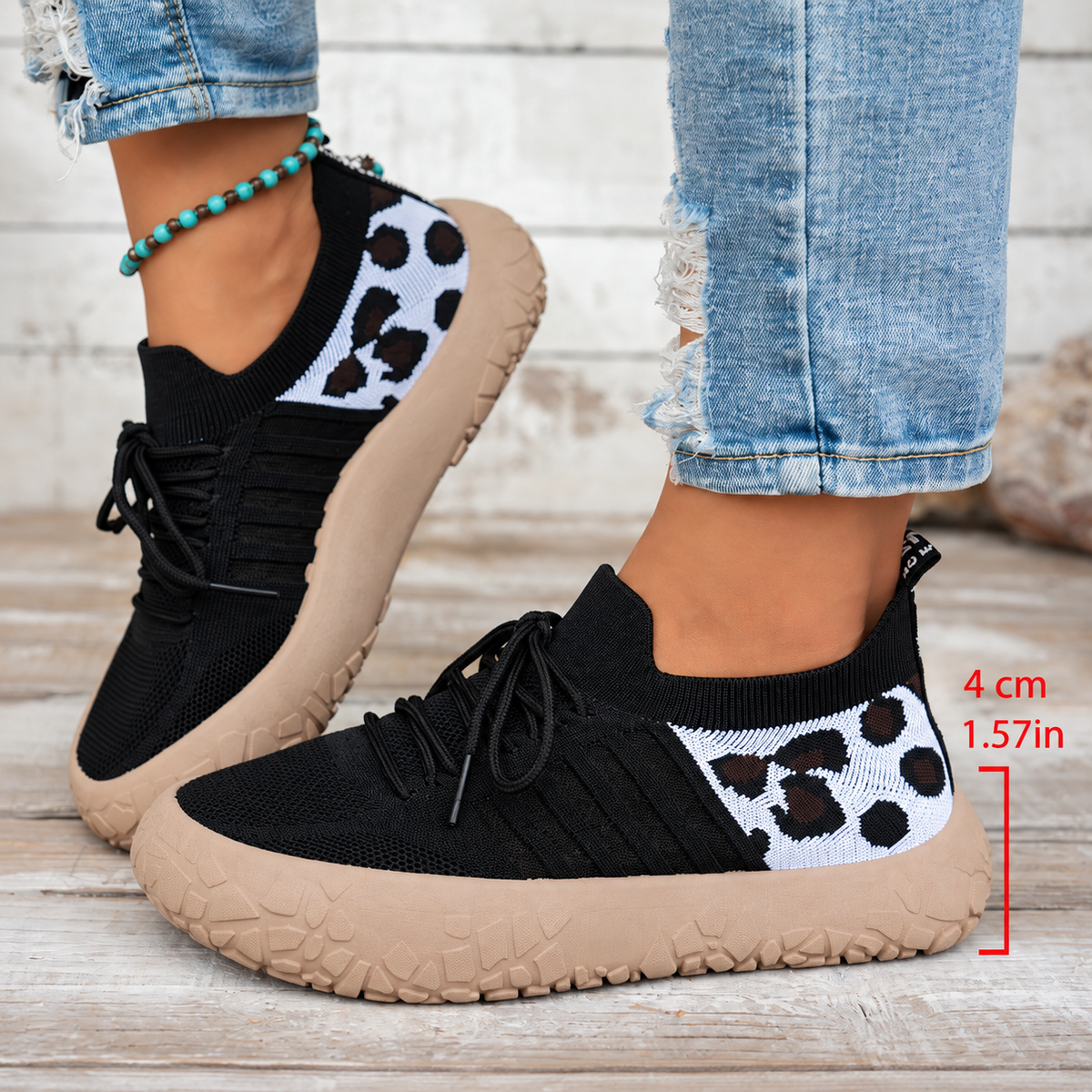 Women's Cerynna Knit Sneakers by Bootara featuring leopard detail, slip-on style, chunky sole, and heel height, available in US 5-10.5