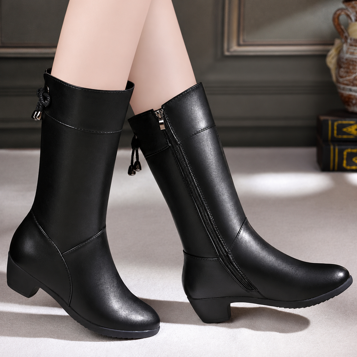 Black women's Brinelle mid-calf boots by Bootara with plush lining, side zipper, bow detail, and block heel, available in US sizes 4-9.5
