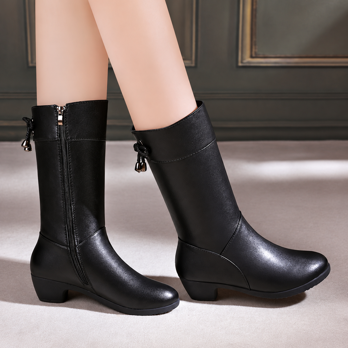 Black women's Brinelle mid-calf boots by Bootara with plush lining, side zip, bow detail, and block heel in US size 4.
