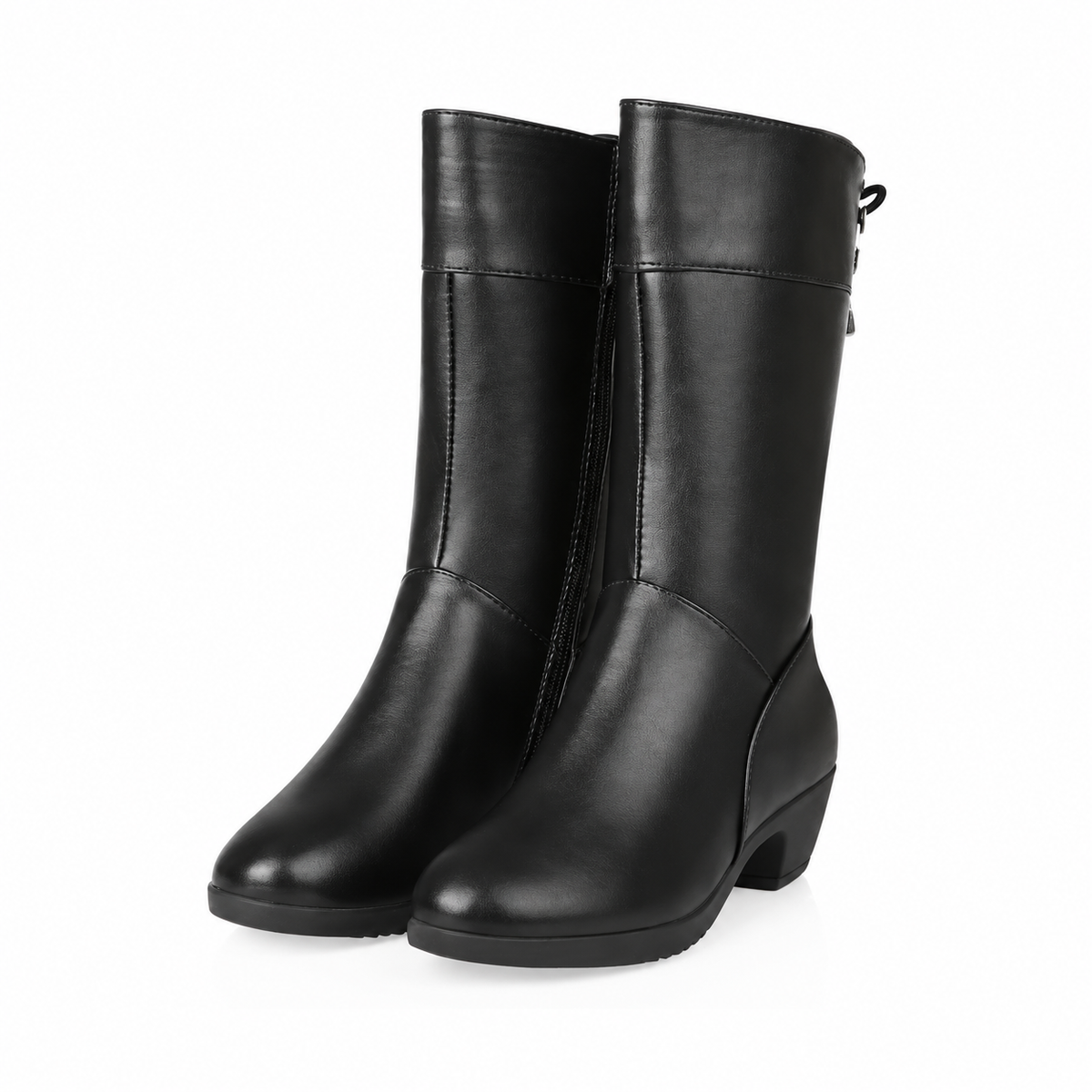 Black women's Brinelle mid-calf boots by Bootara with plush lining, side zipper, bow detail, and block heel, available in US sizes 4-9.5.