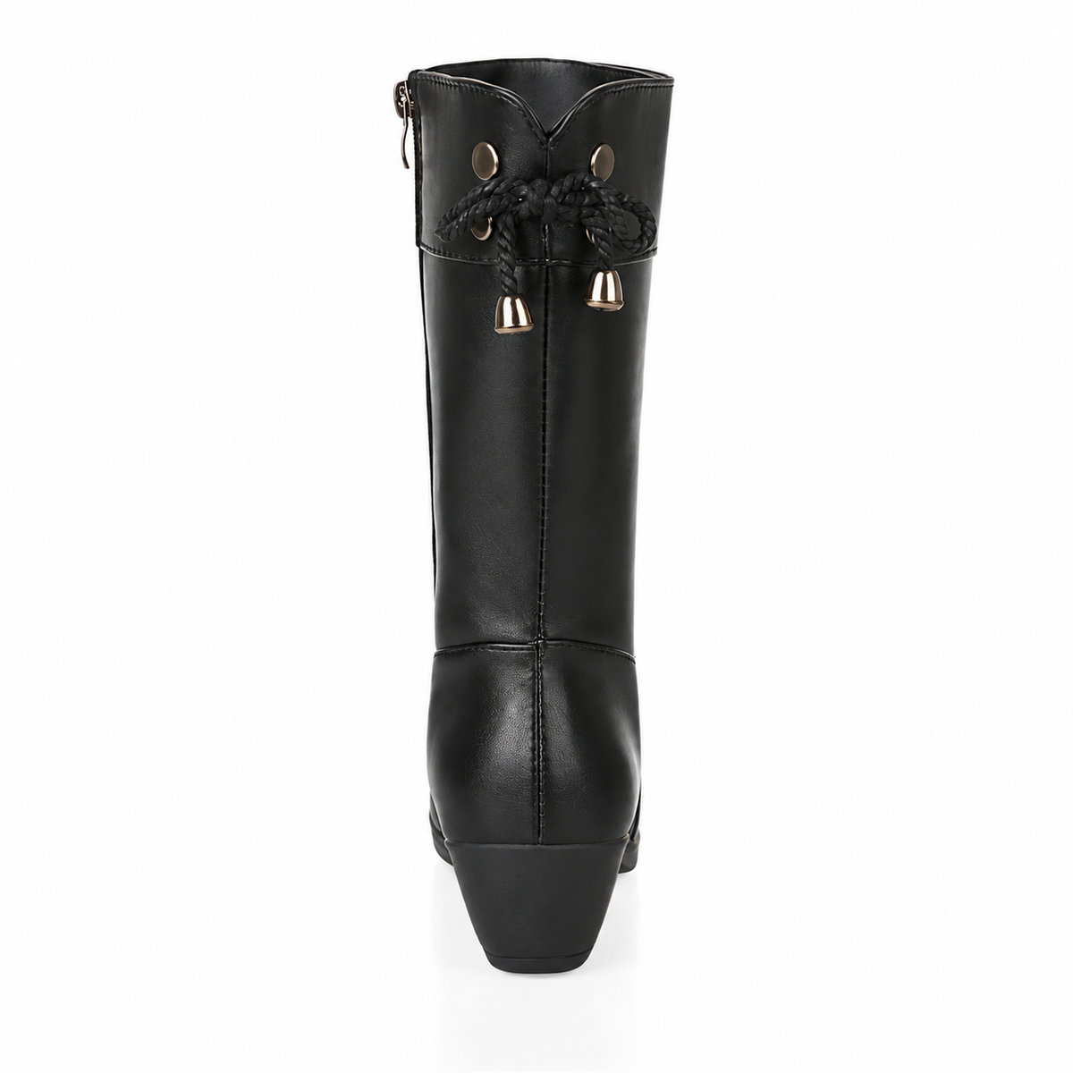 Women's black Brinelle mid-calf boots by Bootara with plush lining, side zipper, bow detail, and block heel in US size 6.
