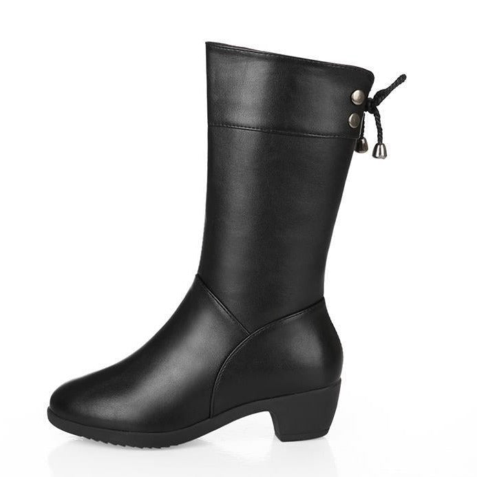 Black women's Brinelle mid-calf boots by Bootara with plush lining, side zipper, bow detail, and block heel, available in US sizes 4-9.5.