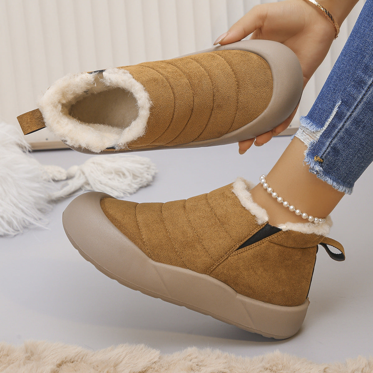 Women's Sorielle Winter ankle boots by Bootara in mustard, plush lined slip-on with quilted detail and rubber sole, US 5-10.5.