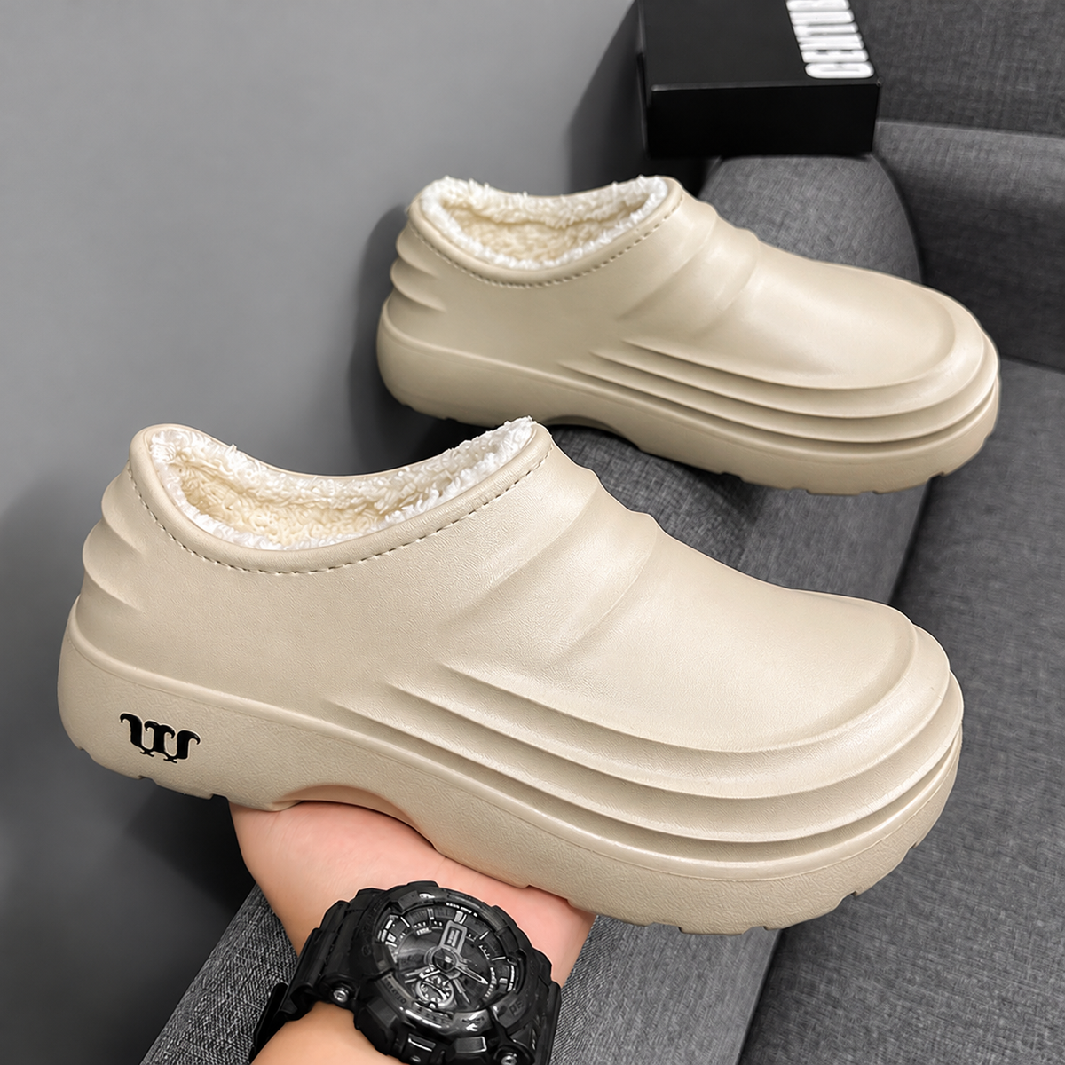 Beige women's Rovelle plush-lined slip-on clogs with closed back and sculpted EVA sole by Bootara, available in US sizes 5-11.