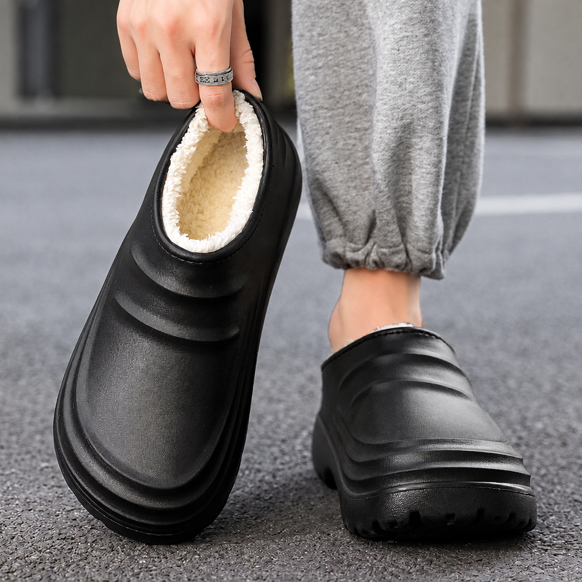 Women's Bootara Rovelle plush-lined black closed-back slip-on clogs with sculpted EVA soles, available in US sizes 5-11.