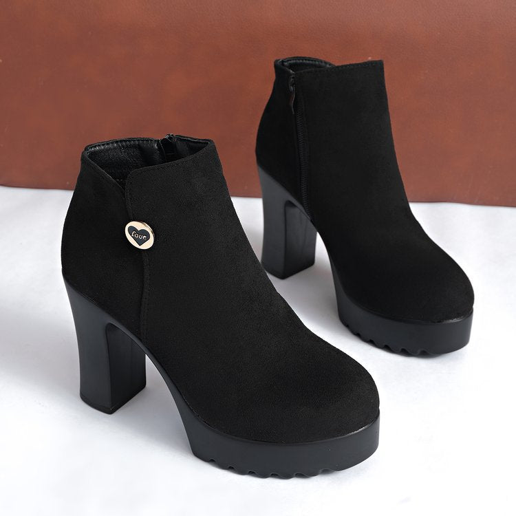 Black Women's Veylisse platform ankle boots by Bootara with round toe, side zip, heart detail, and high block heel, size US 4.