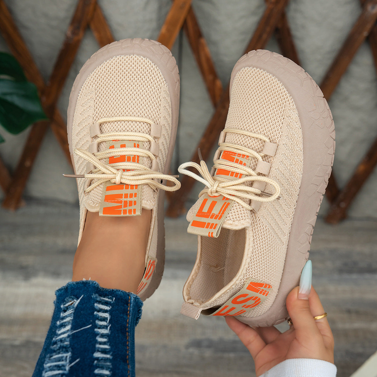 Women's Kestielle Knit Sneakers by Bootara in khaki, breathable slip-on shoes with lace detail and chunky textured sole.