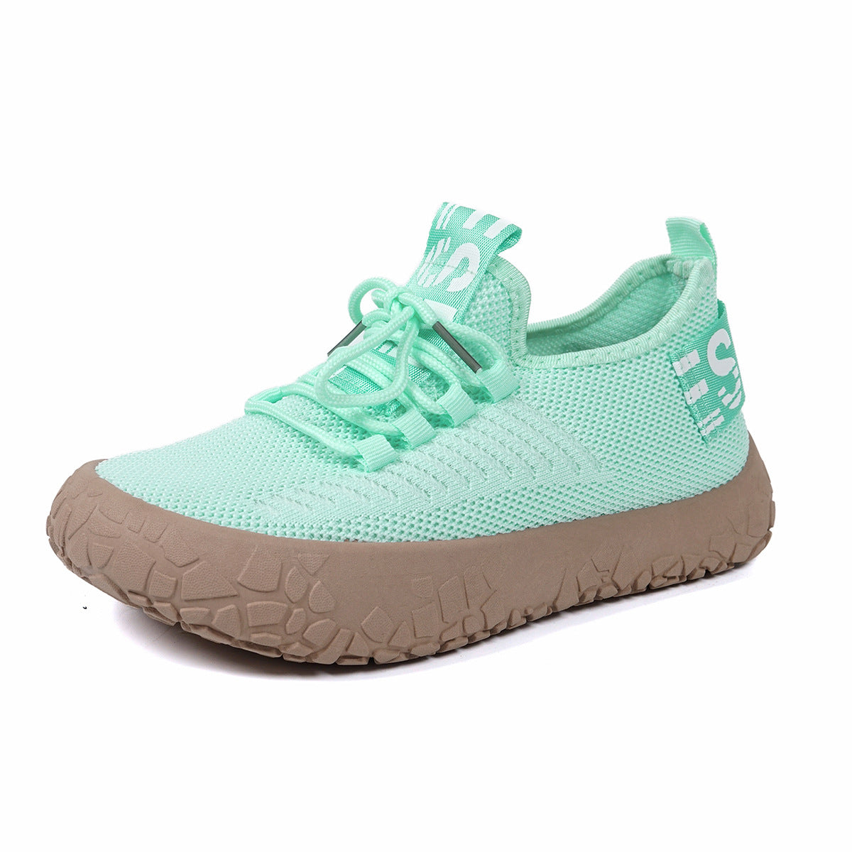 Light green Women's Kestielle Knit Sneakers by Bootara with breathable slip-on design, laces, and chunky textured sole.