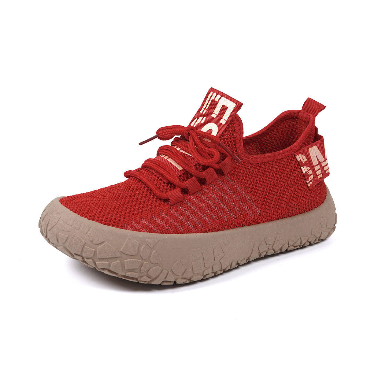 Women's red Kestielle Knit Sneakers by Bootara featuring breathable slip-on design, laces, and chunky textured sole.