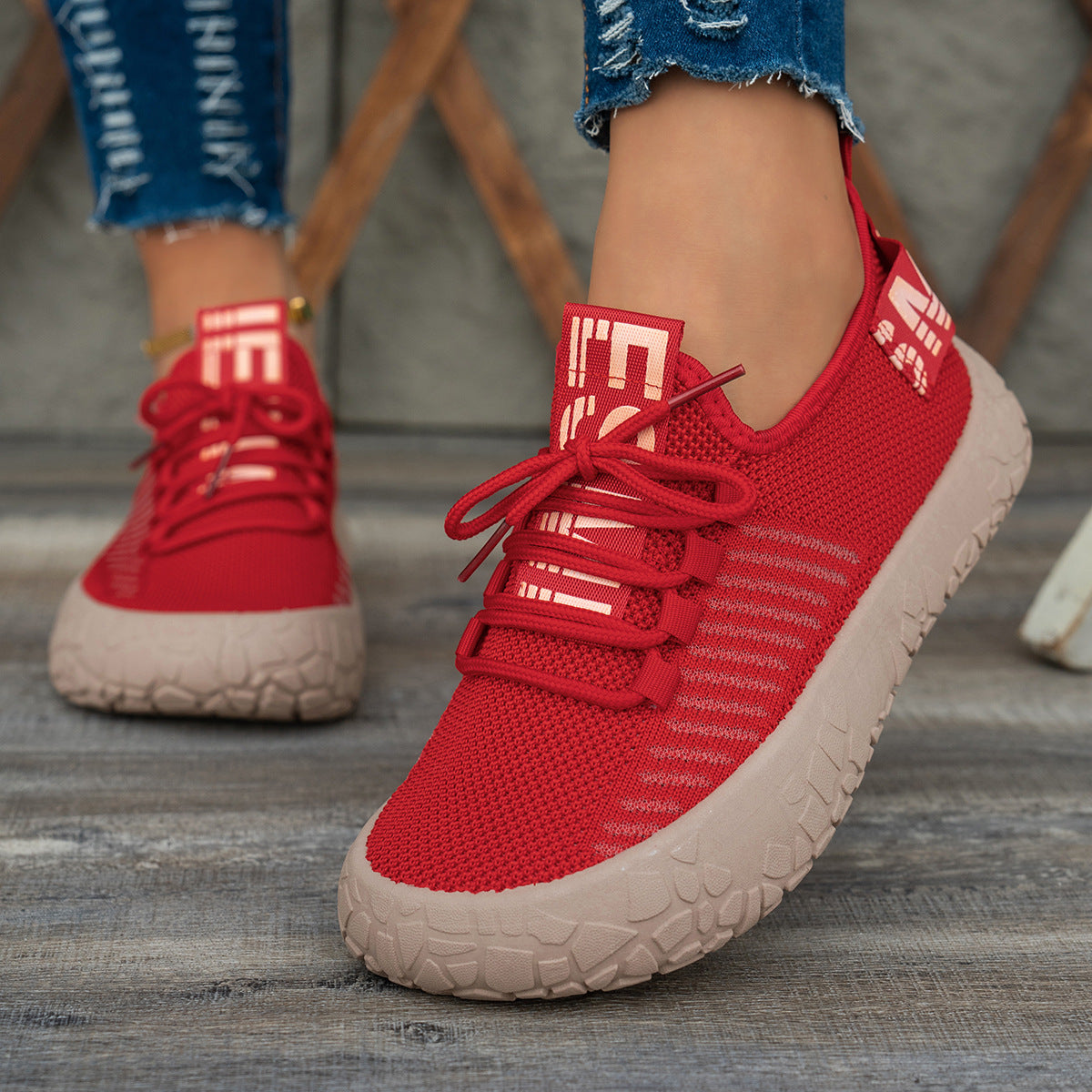 Women's Kestielle Knit Sneakers by Bootara, red breathable slip-on shoes with laces and chunky textured sole, size US 7.