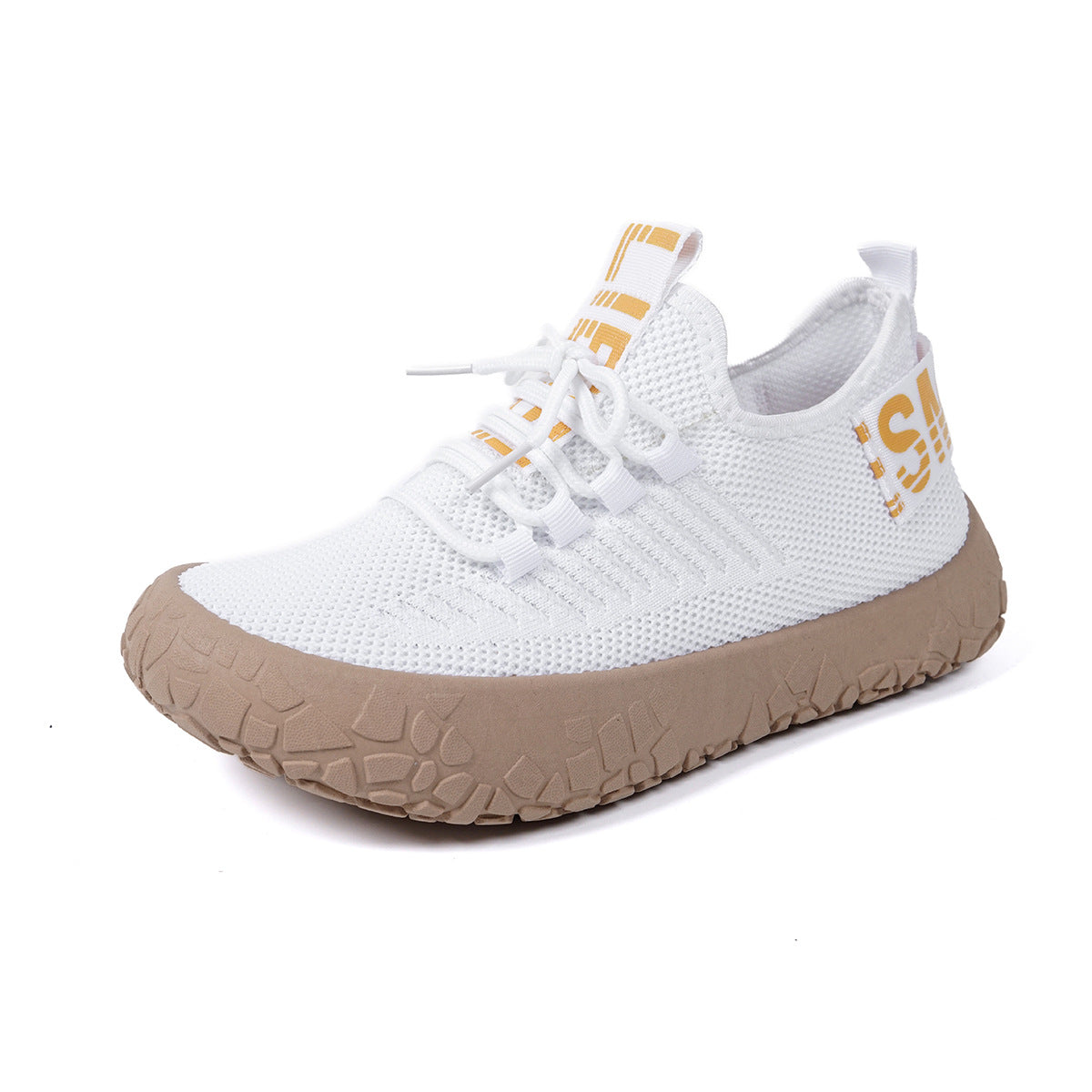 Women's Kestielle Knit Sneakers by Bootara, white slip-on shoes with laces and chunky textured sole, breathable and stylish footwear.