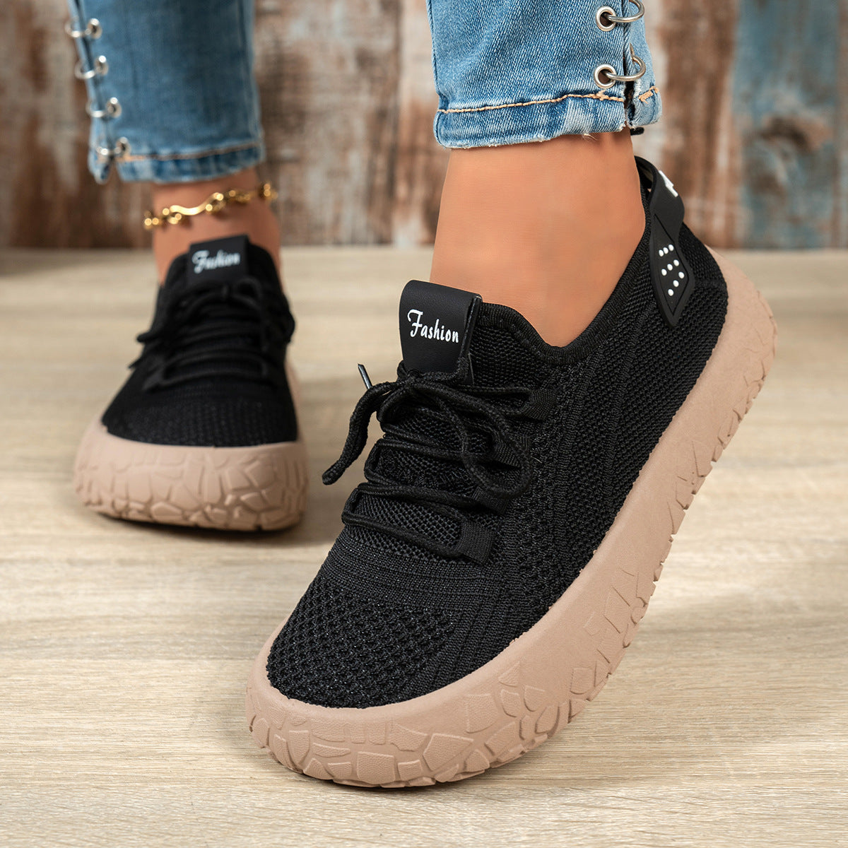 Women's Thessalie Knit Sneakers by Bootara, black breathable slip-on shoes with laces and textured chunky sole, available in US 5-10.5