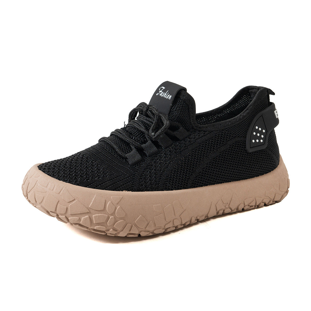 Black women's Thessalie Knit Sneakers by Bootara with breathable slip-on design, laces, and textured chunky sole.