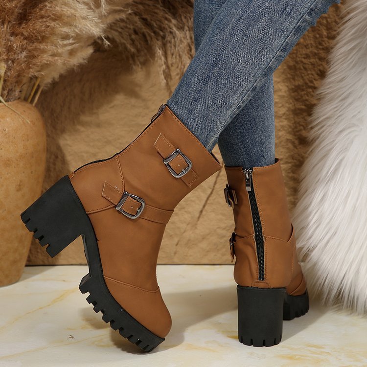 Women's brown Orvessa ankle boots by Bootara with double buckles, round toe, 6.5 cm block heel, and lug sole, US sizes 5-10.5.