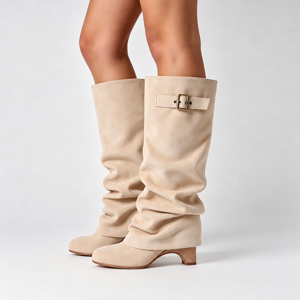 Beige women's Velmorie slouch knee-high boots by Bootara with buckle details, suede-look finish, and round toe, available in US sizes 4-10.5