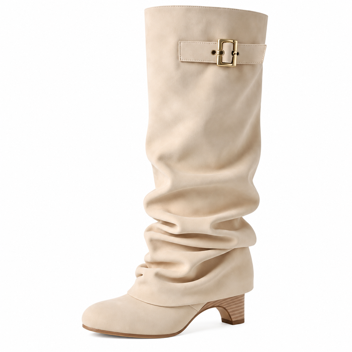 Beige women's Velmorie slouch knee-high boots by Bootara featuring suede-look material, buckle detail, and round toe.