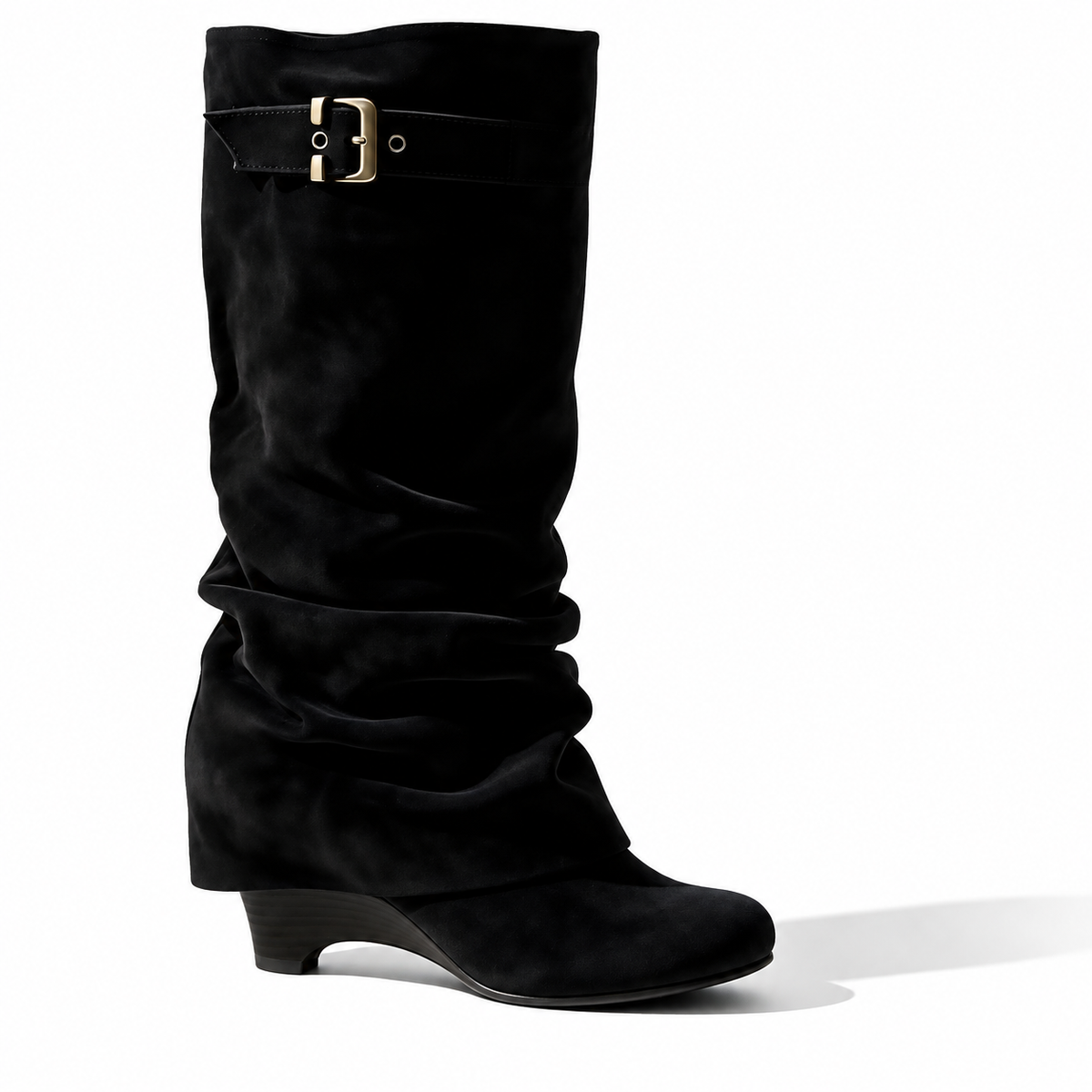 Women's Velmorie slouch knee-high boots by Bootara in black suede-look with buckle detail and round toe, available in US size 4-10.5
