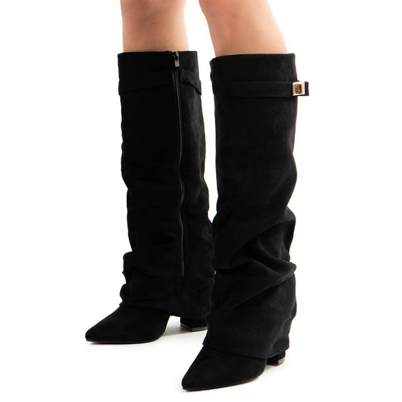 Black women's Velmorie slouch knee-high boots by Bootara with suede-look finish, buckle detail, and round toe, available in US sizes 4-10.5.