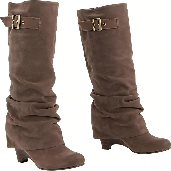 Women's Velmorie Slouch Knee-High Boots by Bootara in coffee suede-look with buckle detail and round toe, available in US 4-10.5