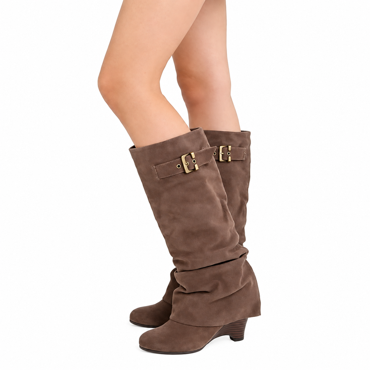 Women's Velmorie slouch knee-high boots by Bootara in coffee suede-look with buckle detail and round toe.