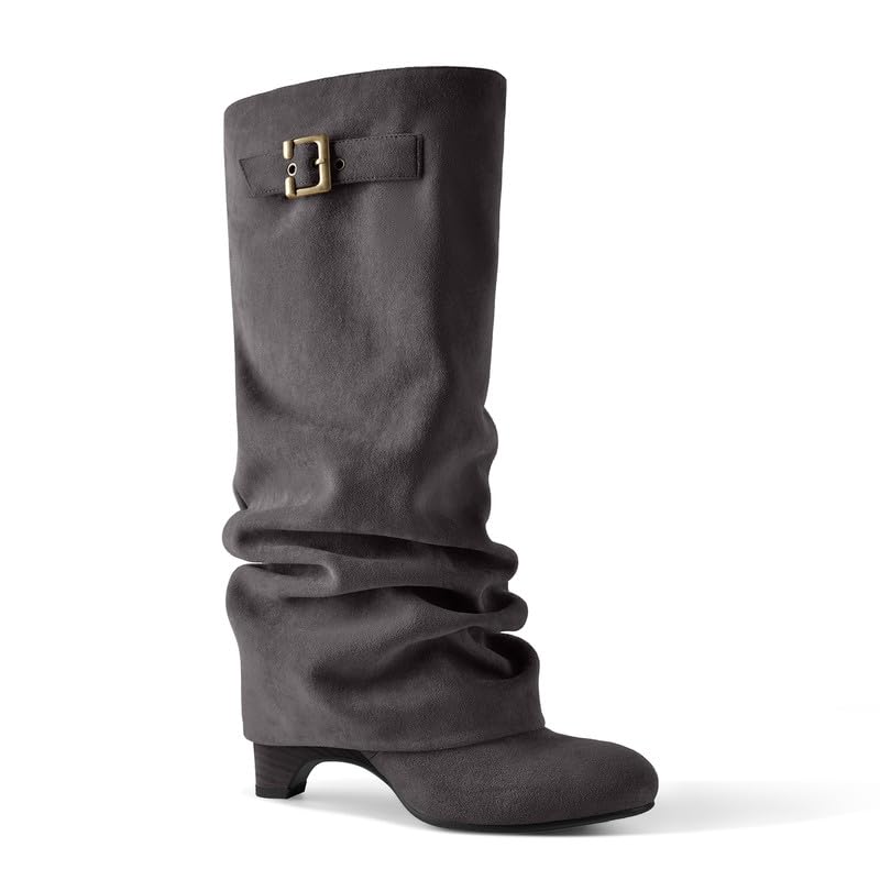 Dark gray women's Velmorie slouch knee-high boots by Bootara with buckle accents and round toe, suede-look finish, US size 4-10.5