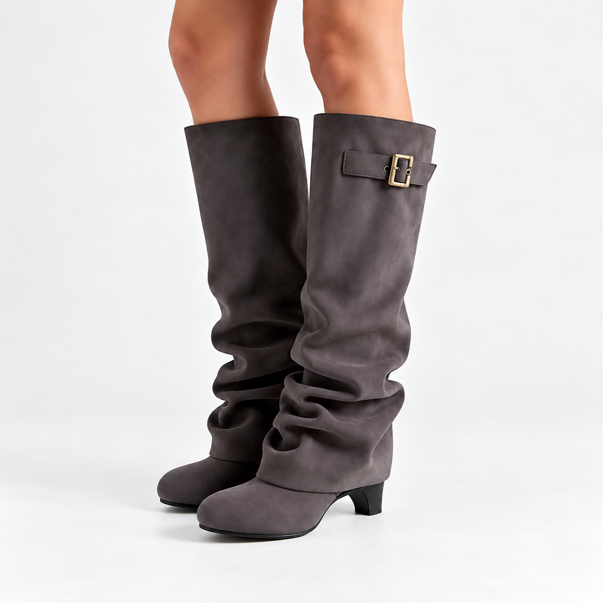 Women's Velmorie slouch knee-high boots by Bootara in dark gray suede-look with buckle detail and round toe, available in US sizes 4-10.5.