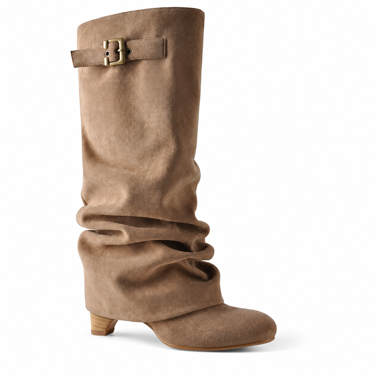 Women's Velmorie slouch knee-high boots by Bootara in khaki suede-look material with buckle details and round toe, US 4-10.5.