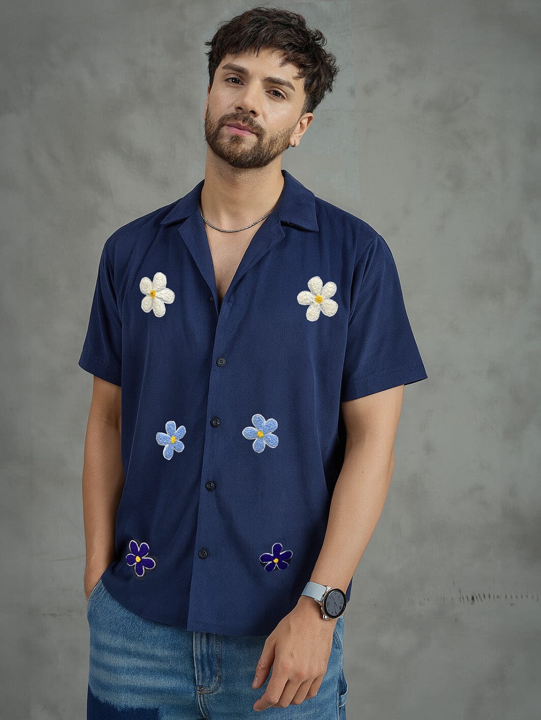 Navy Floral Applique Corduroy Shirt