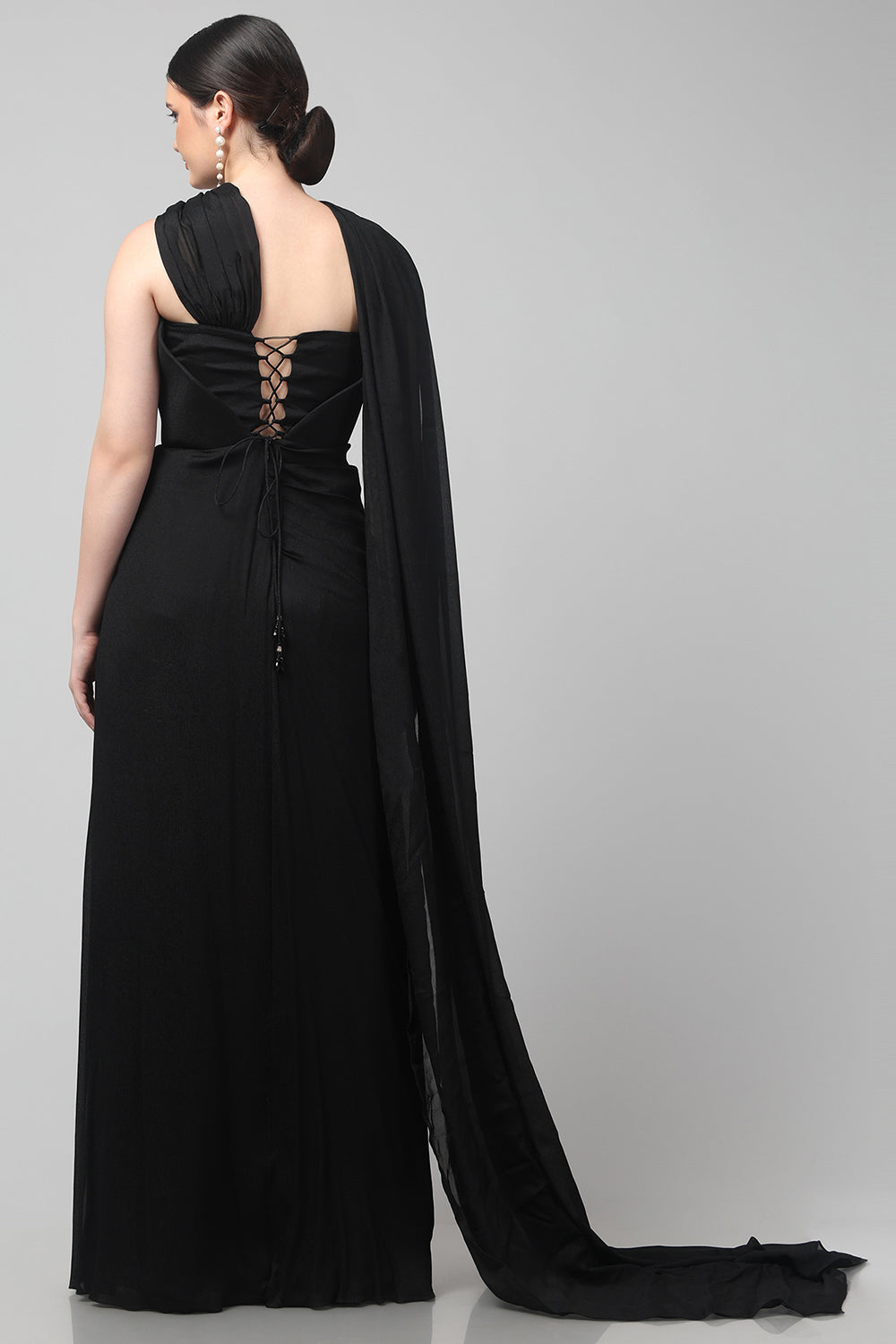 Black Embellished Strapless Saree Gown with Drape Detail