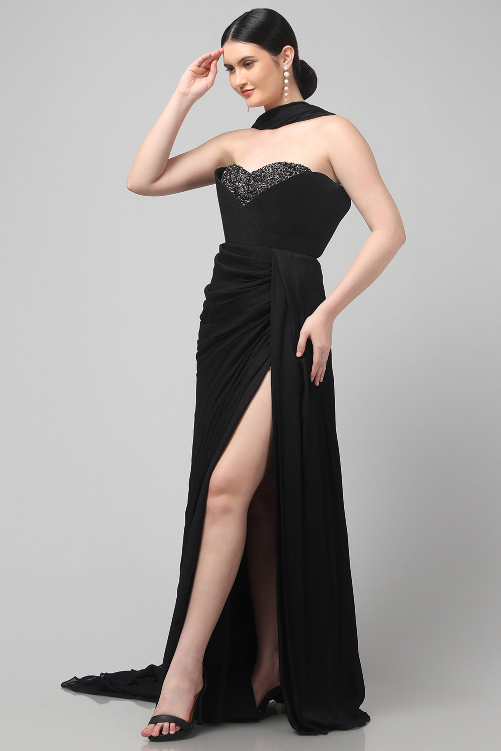 Black Embellished Strapless Saree Gown with Drape Detail