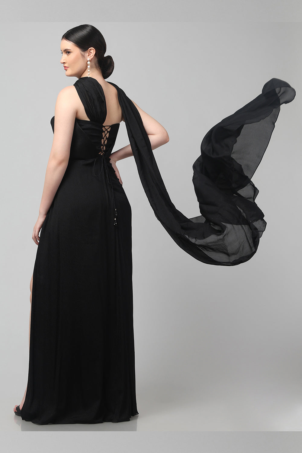 Black Embellished Strapless Saree Gown with Drape Detail
