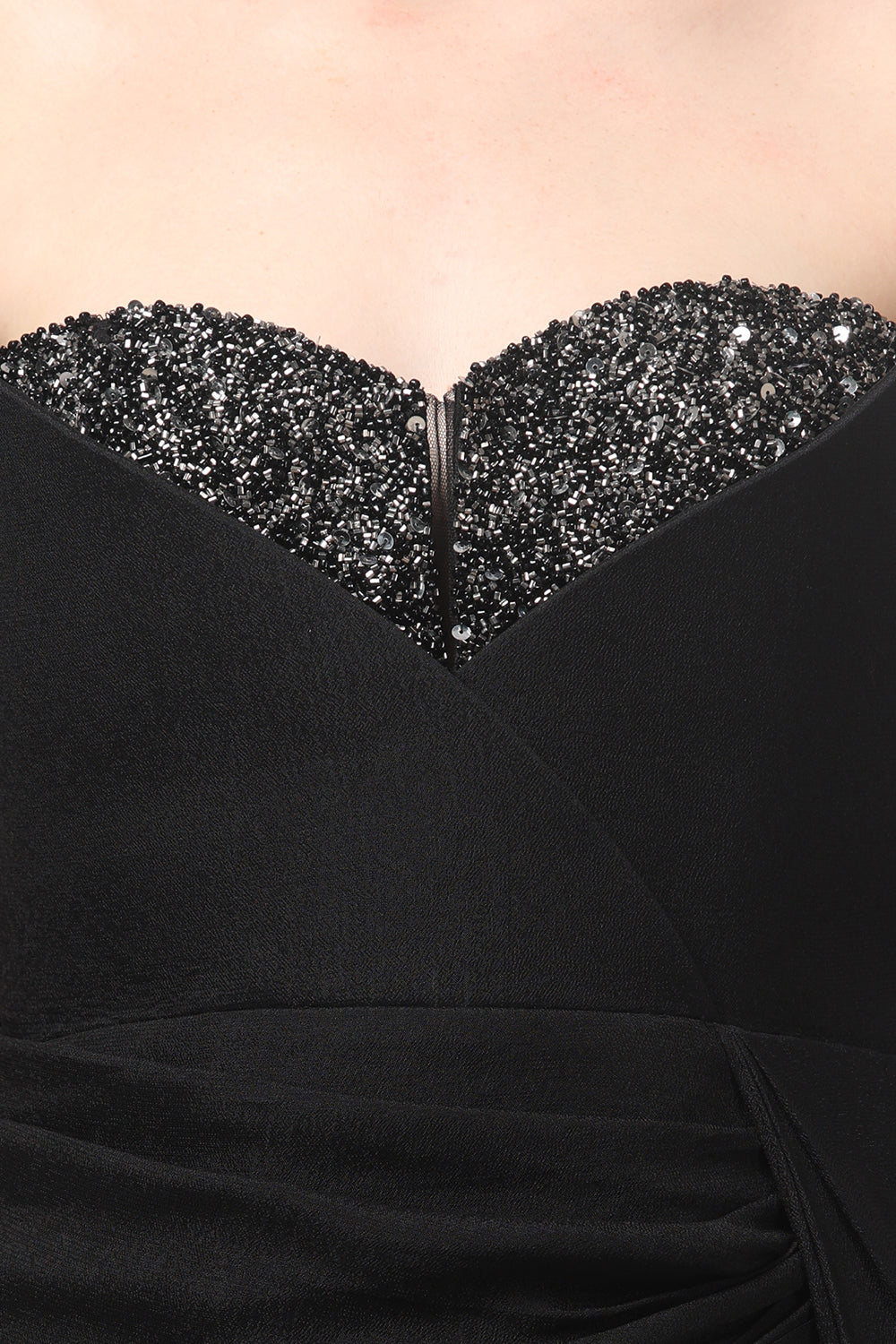 Black Embellished Strapless Saree Gown with Drape Detail