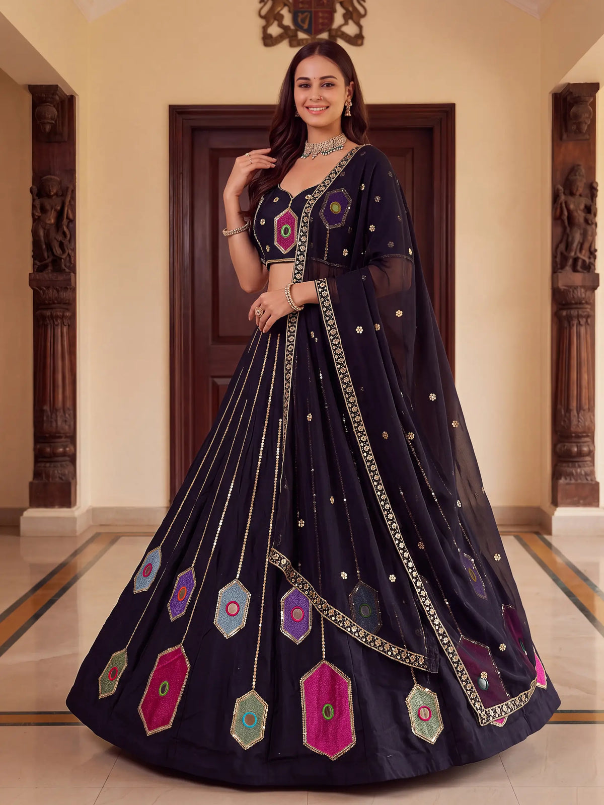 6 Meter Flair | Black Navratri Lehenga With Mirror & Embroidery