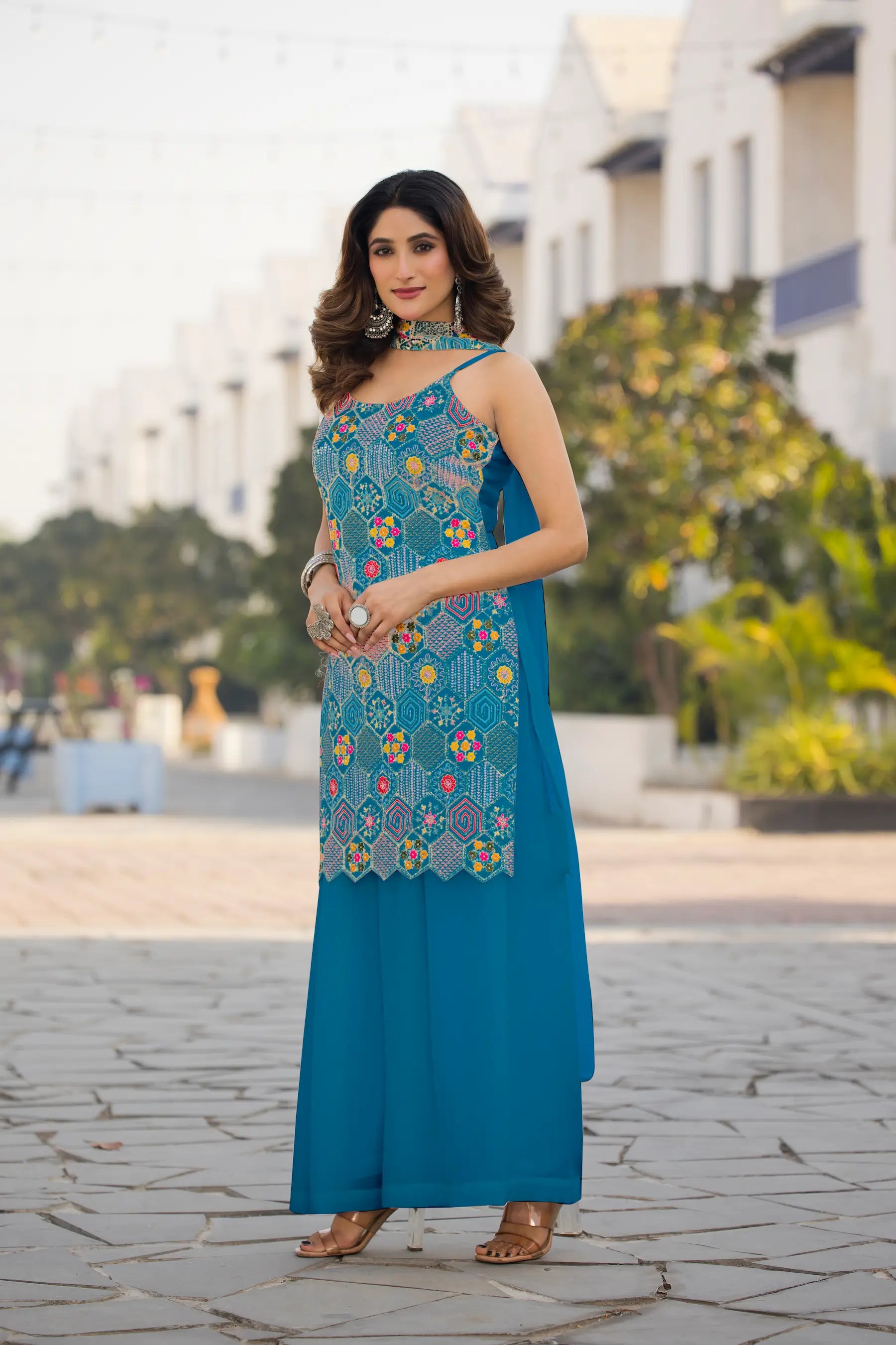 Blue Chinon Sequence Embroidery Work Salwar Suit - qivii
