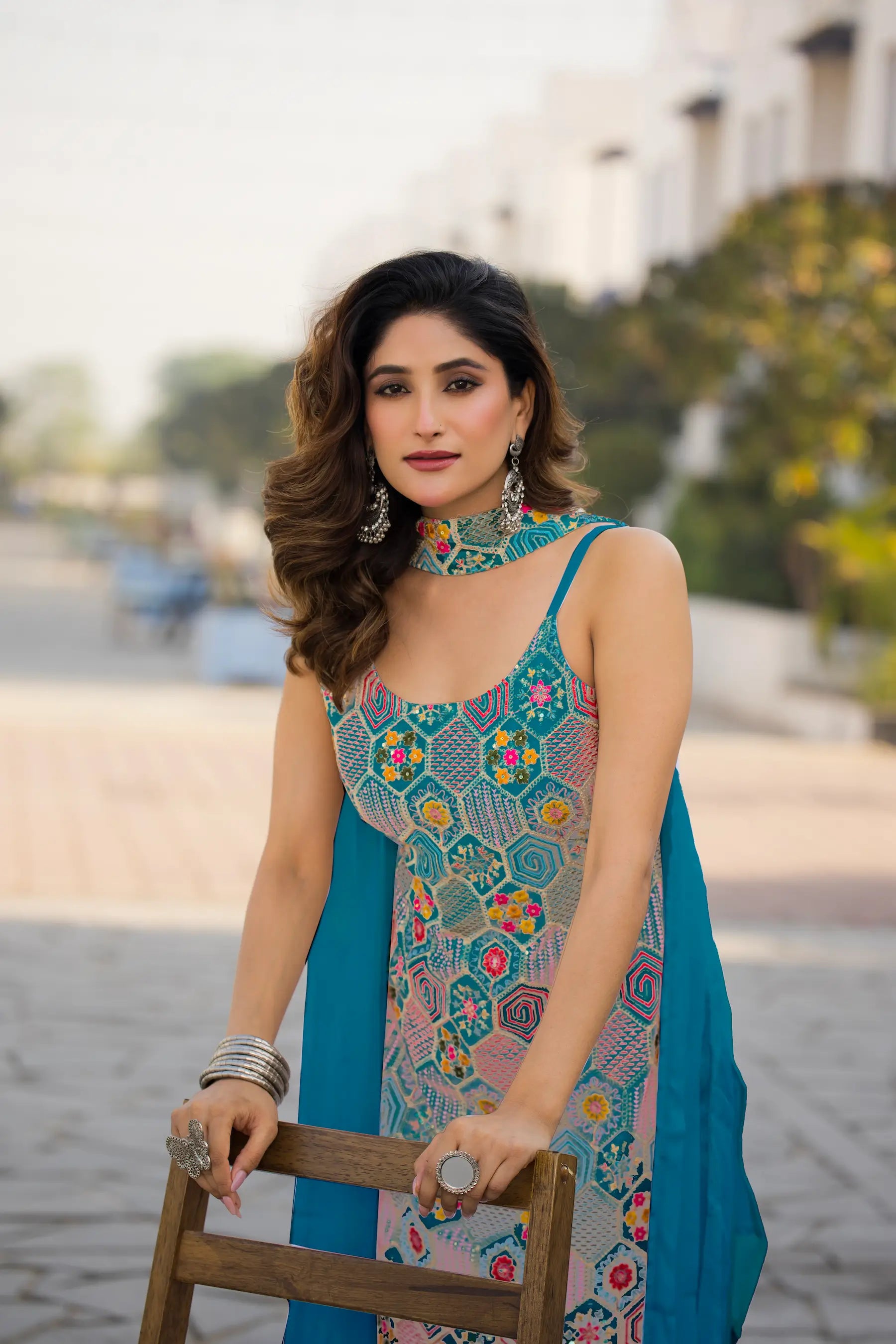 Blue Chinon Sequence Embroidery Work Salwar Suit - qivii