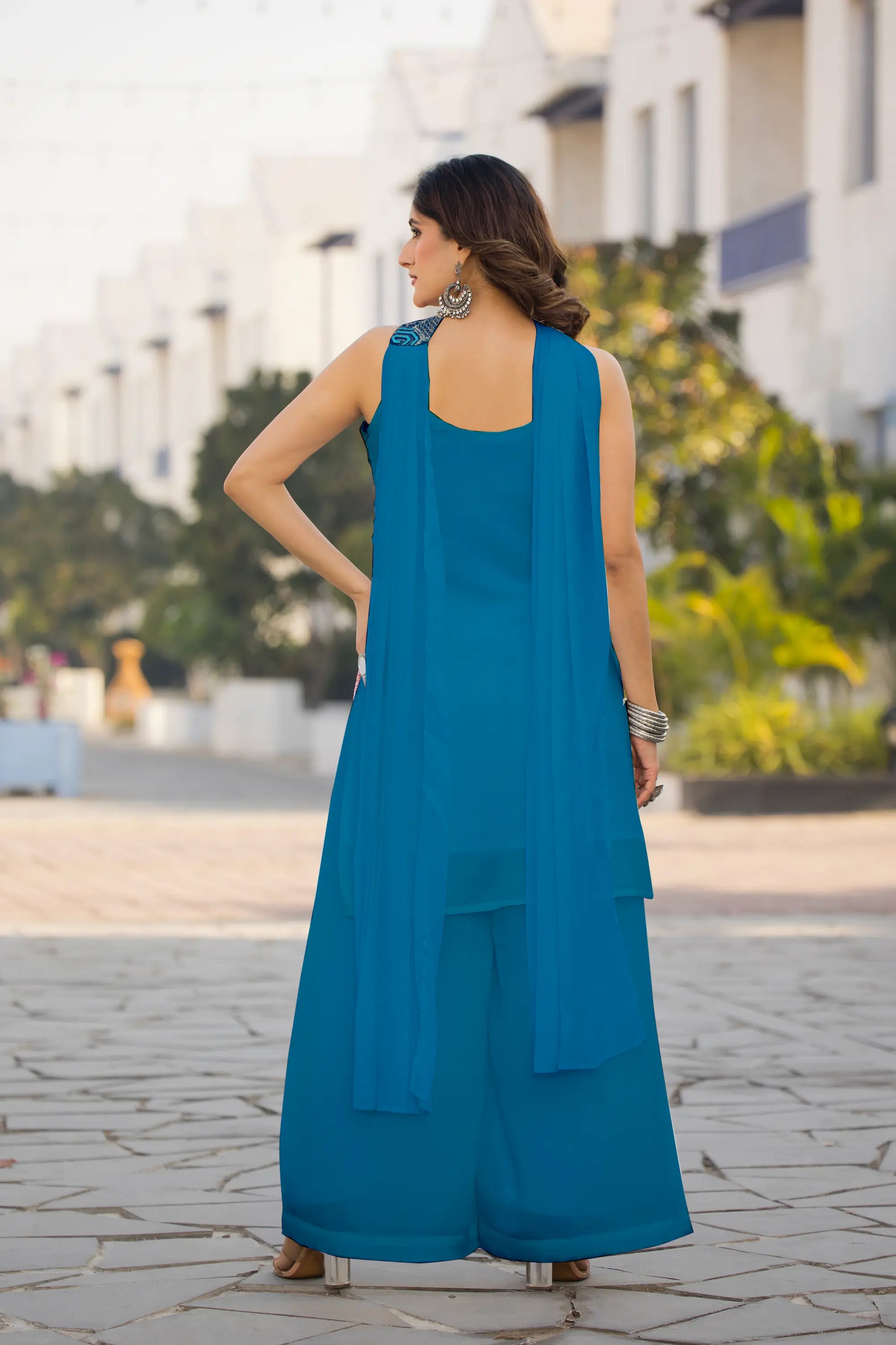 Blue Chinon Sequence Embroidery Work Salwar Suit