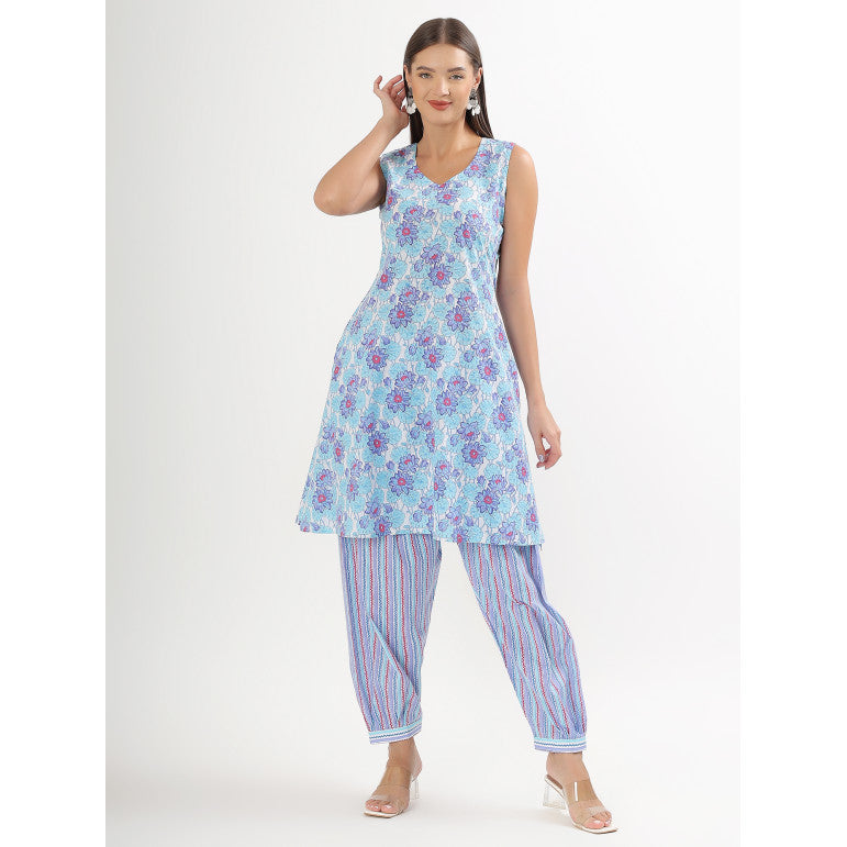 Blue Floral Print Sleeveless A-line Kurta set - qivii