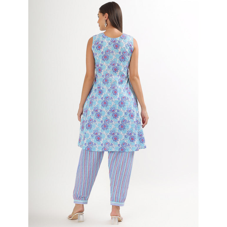 Blue Floral Print Sleeveless A-line Kurta set - qivii