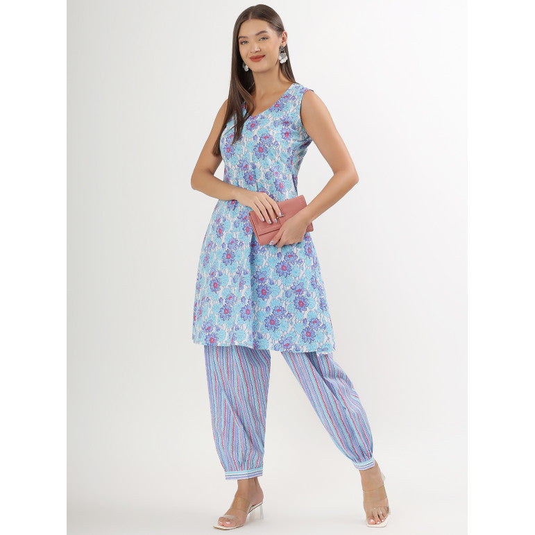 Blue Floral Print Sleeveless A-line Kurta set - qivii