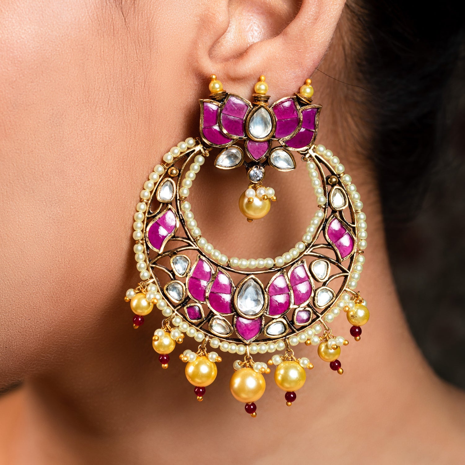 Anju Majenta Pachi Kundan Gold Plated Chandbali